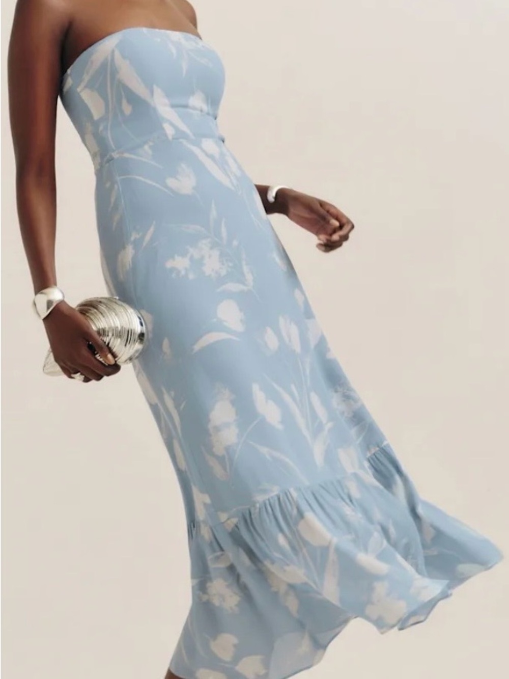 Reformation Powder Blue and White Strapless Floral Midi Dress